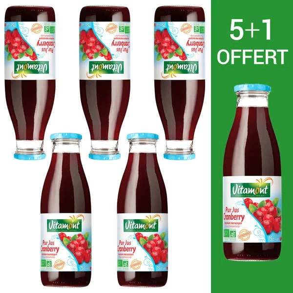 100% pur jus de cranberry bio - Lot 5 bouteilles 75cl + 1 offerte