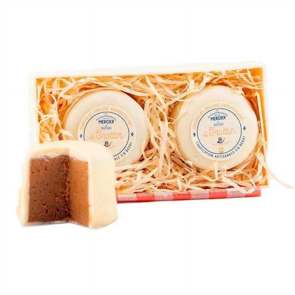2 crottins - fromages en chocolat au praliné croustillant enrobé de chocolat blanc