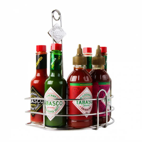 6 sauces Tabasco grand format dans leur présentoir inox