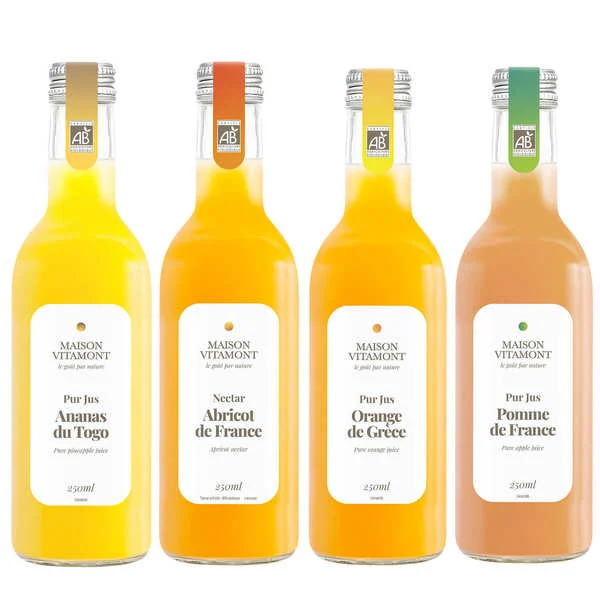 Assortiment de 4 jus de fruits bio Maison Vitamont (ananas, pomme, orange, abricot)