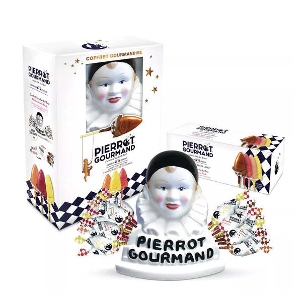 Coffret gourmandise Pierrot Gourmand - Buste porte-sucettes + 40 sucettes assorties