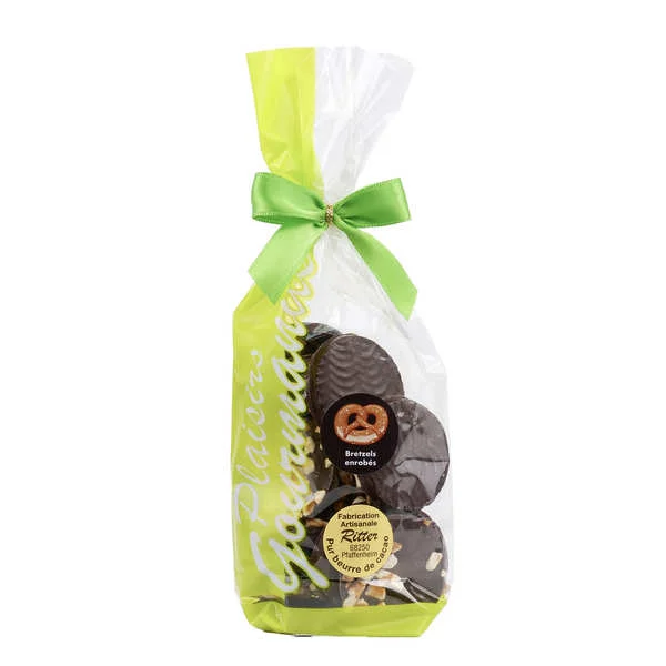 Palets de chocolat noir aux éclats de bretzels