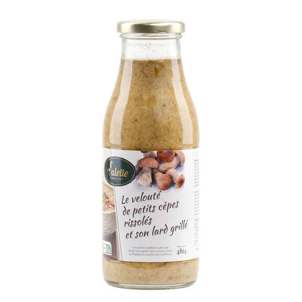 Velouté de petits cèpes rissolés et son lard grillé